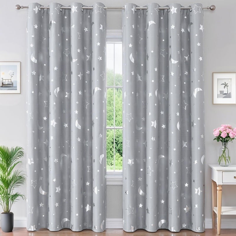 WUBODTI Boys Curtains Grey 100% Blackout Star Curtains for Living Room, Silver Patterned Thermal Insulated Room Darkening Window Drapes for Kids Room Nursery Boys Bedroom(W52 x L84, 2 Panels) - Image 1